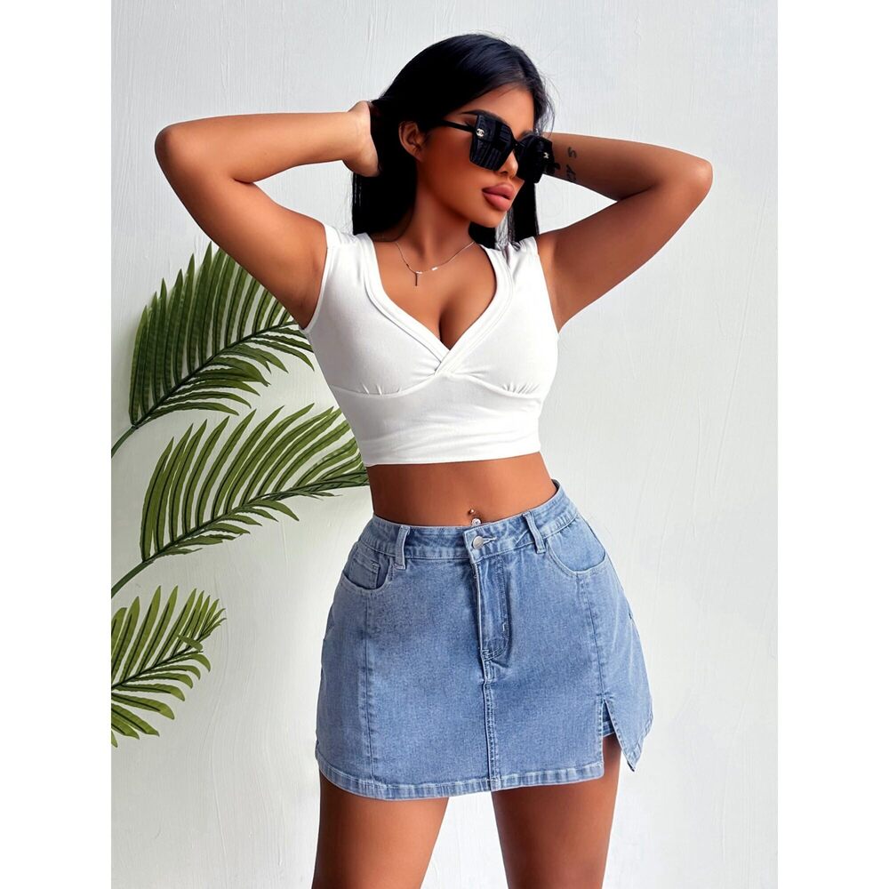3097 Skorts Skirts Denim Mini Skirt Side Slit with High Waisted Jean Shorts - Picture 4 of 5